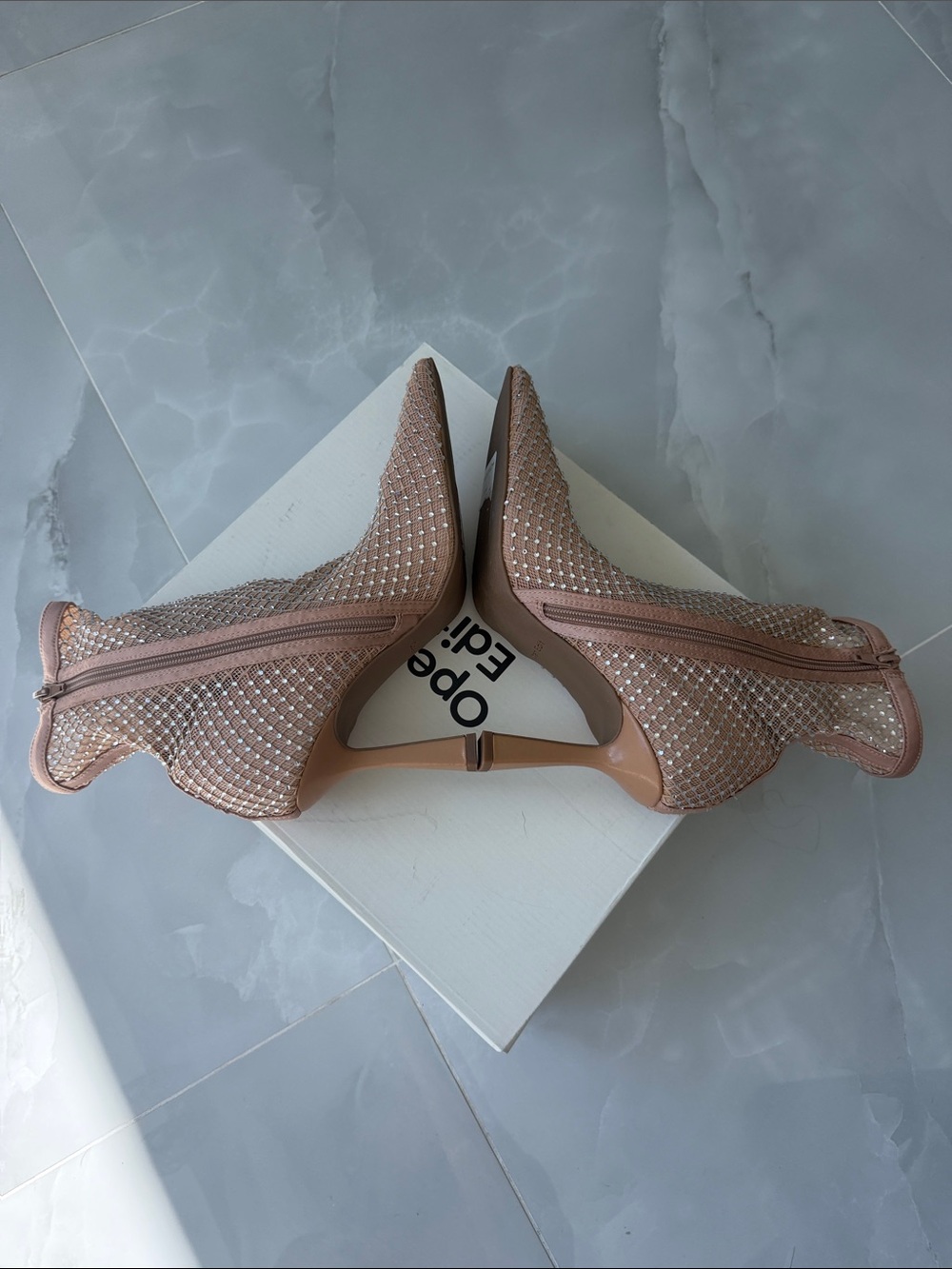 Open Edit from Nordstrom Nude Mesh Rhinestone Pointed Toe Mid-Heel Boots